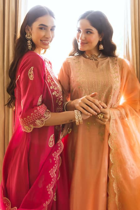 Buy_ASRUMO_Peach Chanderi, Organza Embroidery, Zari, Cut Work Split V-neck Kurta Set _Online_at_Aza_Fashions