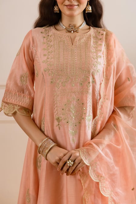 Shop_ASRUMO_Peach Chanderi, Organza Embroidery, Zari, Cut Work Split V-neck Kurta Set _Online_at_Aza_Fashions