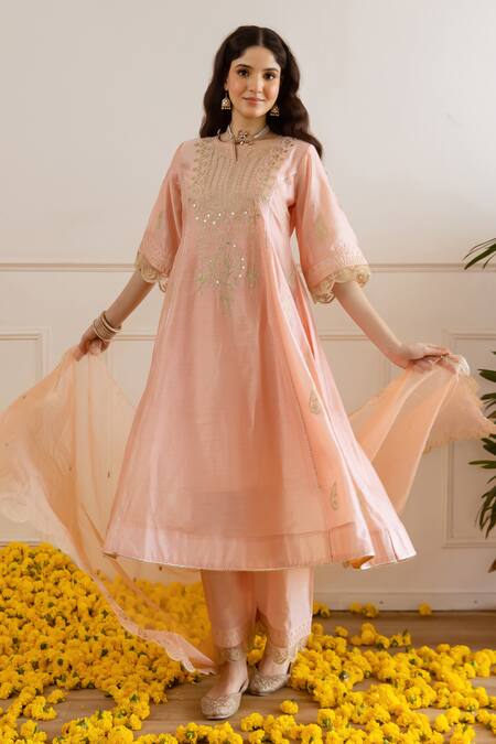 Shop_ASRUMO_Peach Chanderi, Organza Embroidery, Zari, Cut Work Split V-neck Kurta Set 