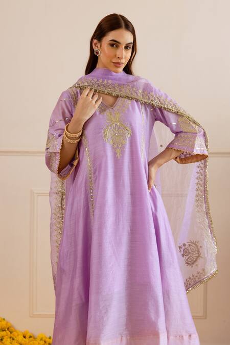 Buy ASRUMO Lilac Chanderi, Organza Embroidery, Zari, Lace V-neck Motif Kurta Set Online at Aza Fashions Buy_ASRUMO_Lilac Chanderi, Organza Embroidery, Zari, Lace V-neck Motif Kurta Set _Online_at_Aza_Fashions