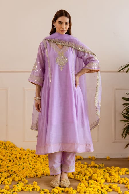 Shop ASRUMO Lilac Chanderi, Organza Embroidery, Zari, Lace V-neck Motif Kurta Set Online at Aza Fashions Shop_ASRUMO_Lilac Chanderi, Organza Embroidery, Zari, Lace V-neck Motif Kurta Set _Online_at_Aza_Fashions