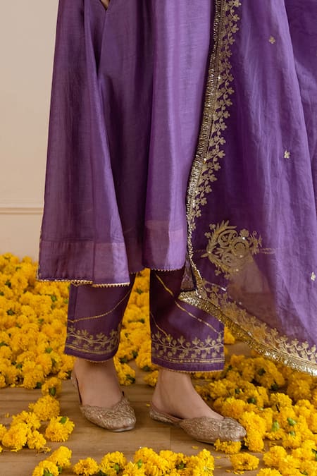 Buy_ASRUMO_Purple Chanderi, Organza Embroidery, Zari, Sequins Orchid Hand Kurta Set _Online_at_Aza_Fashions