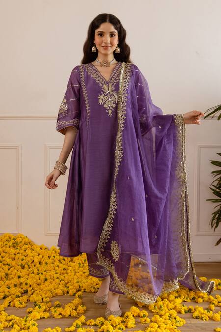 Shop_ASRUMO_Purple Chanderi, Organza Embroidery, Zari, Sequins Orchid Hand Kurta Set _Online_at_Aza_Fashions