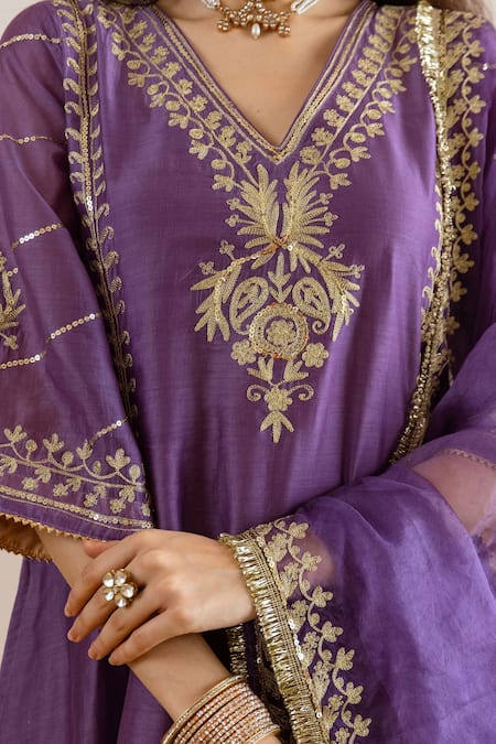 Shop_ASRUMO_Purple Chanderi, Organza Embroidery, Zari, Sequins Orchid Hand Kurta Set 