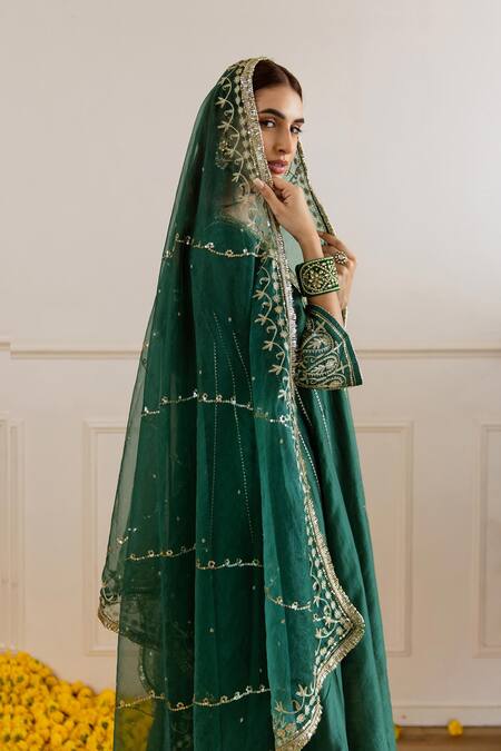 ASRUMO Emerald Green Chanderi, Organza Zari, Embroidery, Sequins And Tara Kurta Set Online at Aza Fashions ASRUMO_Emerald Green Chanderi, Organza Zari, Embroidery, Sequins And Tara Kurta Set _Online_at_Aza_Fashions