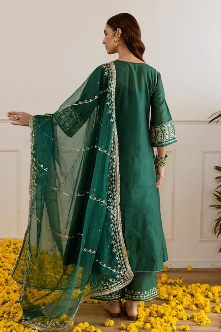 Shop ASRUMO Emerald Green Chanderi, Organza Zari, Embroidery, Sequins And Tara Kurta Set at Aza Fashions Shop_ASRUMO_Emerald Green Chanderi, Organza Zari, Embroidery, Sequins And Tara Kurta Set _at_Aza_Fashions