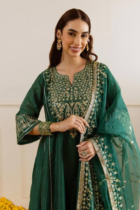 Buy ASRUMO Emerald Green Chanderi, Organza Zari, Embroidery, Sequins And Tara Kurta Set Buy_ASRUMO_Emerald Green Chanderi, Organza Zari, Embroidery, Sequins And Tara Kurta Set