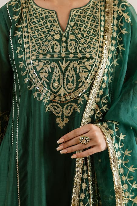 Shop ASRUMO Emerald Green Chanderi, Organza Zari, Embroidery, Sequins And Tara Kurta Set Shop_ASRUMO_Emerald Green Chanderi, Organza Zari, Embroidery, Sequins And Tara Kurta Set