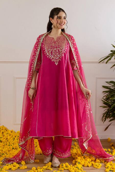 ASRUMO_Pink Chanderi, Organza Embroidery, Zari, Lace Keyhole Neck Kurta Set _Online_at_Aza_Fashions