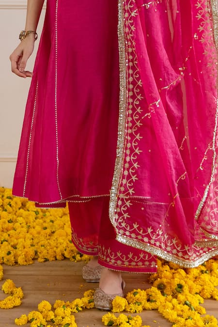 Shop_ASRUMO_Pink Chanderi, Organza Embroidery, Zari, Lace Keyhole Neck Kurta Set _Online_at_Aza_Fashions