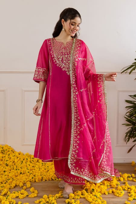 ASRUMO_Pink Chanderi, Organza Embroidery, Zari, Lace Keyhole Neck Kurta Set _at_Aza_Fashions