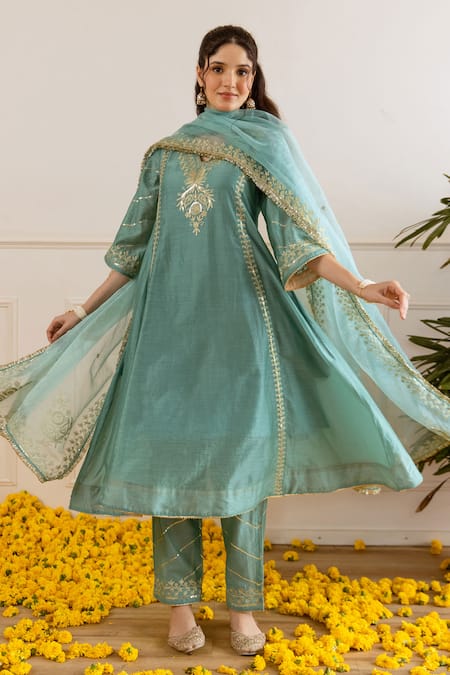 ASRUMO Zari Embroidered Three-Kali Kurta Pant Set 