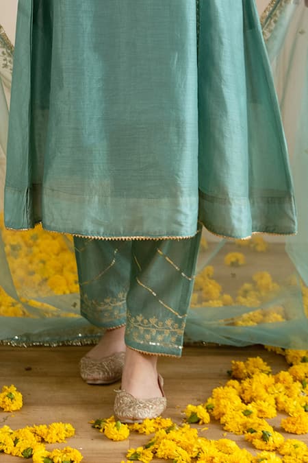 ASRUMO_Green Chanderi, Organza Embroidery, Zari, Lace V-neck Three-kali Kurta Pant Set _at_Aza_Fashions