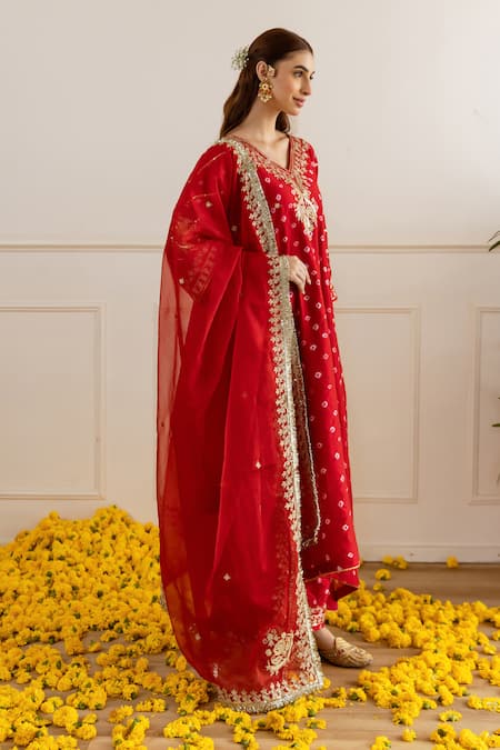 Shop_ASRUMO_Red Chanderi, Organza Embroidery, Zari, Applique Bandhej Taari Kurta Pant Set _Online_at_Aza_Fashions