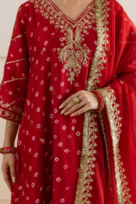 Buy_ASRUMO_Red Chanderi, Organza Embroidery, Zari, Applique Bandhej Taari Kurta Pant Set 