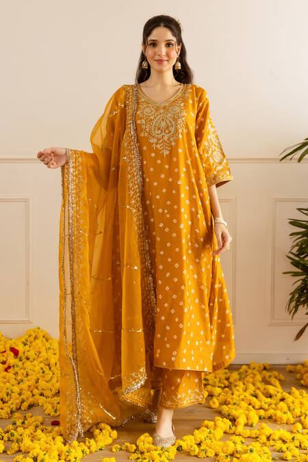 Shop_ASRUMO_Mustard Chanderi, Organza Embroidery, Zari V-neck Bandhej Aari-zari Kurta Set _Online_at_Aza_Fashions