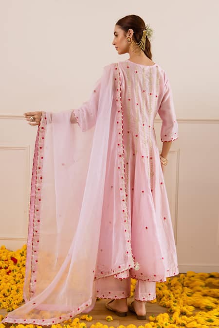 Shop ASRUMO Pink Chanderi, Organza Embroidery, Zari Split V-neck Booti And Anarkali Set at Aza Fashions Shop_ASRUMO_Pink Chanderi, Organza Embroidery, Zari Split V-neck Booti And Anarkali Set _at_Aza_Fashions