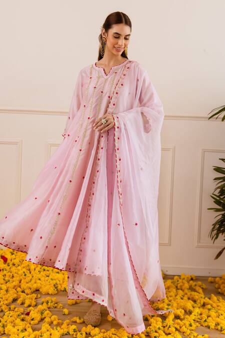 ASRUMO Pink Chanderi, Organza Embroidery, Zari Split V-neck Booti And Anarkali Set Online at Aza Fashions ASRUMO_Pink Chanderi, Organza Embroidery, Zari Split V-neck Booti And Anarkali Set _Online_at_Aza_Fashions