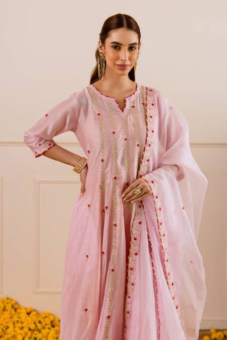 Buy ASRUMO Pink Chanderi, Organza Embroidery, Zari Split V-neck Booti And Anarkali Set Online at Aza Fashions Buy_ASRUMO_Pink Chanderi, Organza Embroidery, Zari Split V-neck Booti And Anarkali Set _Online_at_Aza_Fashions