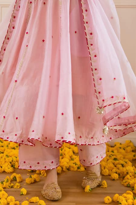 Shop ASRUMO Pink Chanderi, Organza Embroidery, Zari Split V-neck Booti And Anarkali Set Online at Aza Fashions Shop_ASRUMO_Pink Chanderi, Organza Embroidery, Zari Split V-neck Booti And Anarkali Set _Online_at_Aza_Fashions