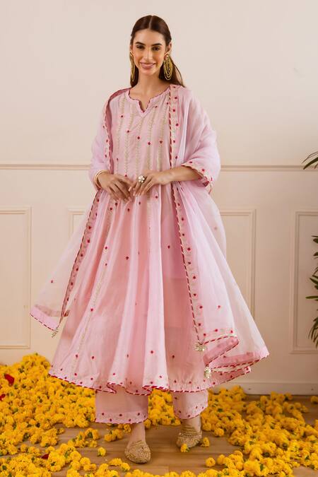 ASRUMO Pink Chanderi, Organza Embroidery, Zari Split V-neck Booti And Anarkali Set at Aza Fashions ASRUMO_Pink Chanderi, Organza Embroidery, Zari Split V-neck Booti And Anarkali Set _at_Aza_Fashions