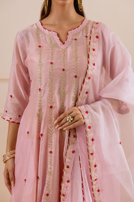 Buy ASRUMO Pink Chanderi, Organza Embroidery, Zari Split V-neck Booti And Anarkali Set Buy_ASRUMO_Pink Chanderi, Organza Embroidery, Zari Split V-neck Booti And Anarkali Set