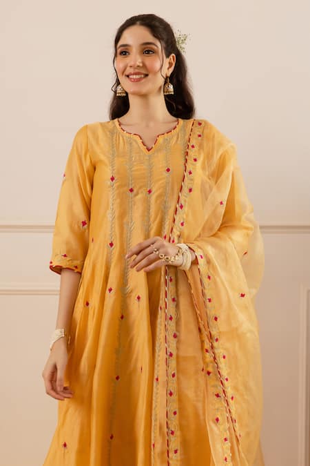 Buy ASRUMO Yellow Chanderi, Organza Embroidery, Zari Split V-neck And Anarkali Set Online at Aza Fashions Buy_ASRUMO_Yellow Chanderi, Organza Embroidery, Zari Split V-neck And Anarkali Set _Online_at_Aza_Fashions