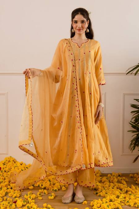 Shop ASRUMO Yellow Chanderi, Organza Embroidery, Zari Split V-neck And Anarkali Set Online at Aza Fashions Shop_ASRUMO_Yellow Chanderi, Organza Embroidery, Zari Split V-neck And Anarkali Set _Online_at_Aza_Fashions