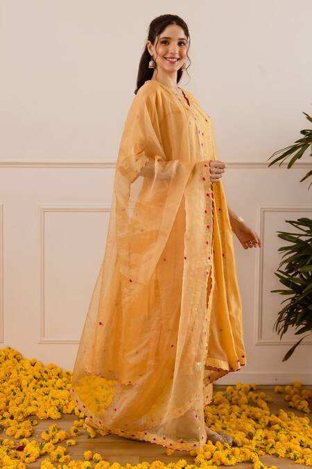 ASRUMO Yellow Chanderi, Organza Embroidery, Zari Split V-neck And Anarkali Set at Aza Fashions ASRUMO_Yellow Chanderi, Organza Embroidery, Zari Split V-neck And Anarkali Set _at_Aza_Fashions