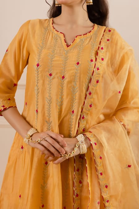 Buy ASRUMO Yellow Chanderi, Organza Embroidery, Zari Split V-neck And Anarkali Set Buy_ASRUMO_Yellow Chanderi, Organza Embroidery, Zari Split V-neck And Anarkali Set