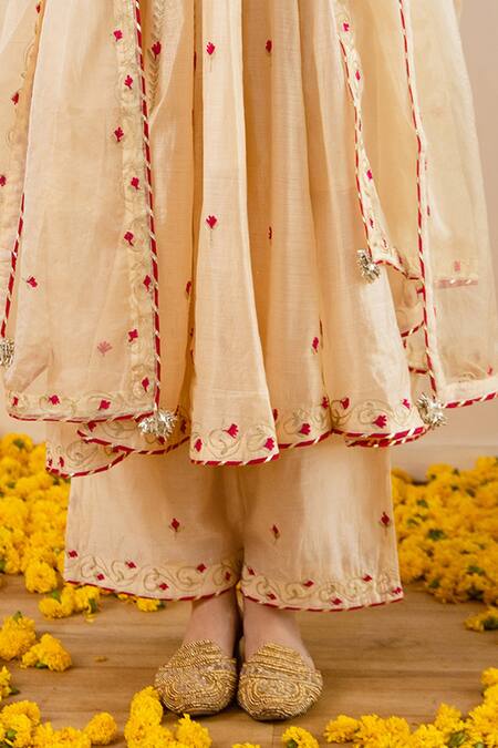 ASRUMO_Ivory Chanderi, Organza Embroidery, Zari Split V-neck And Anarkali Set _Online_at_Aza_Fashions