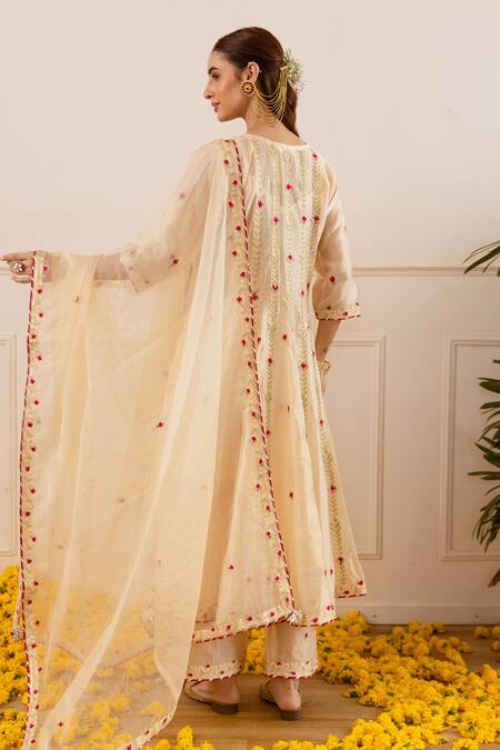 Shop_ASRUMO_Ivory Chanderi, Organza Embroidery, Zari Split V-neck And Anarkali Set _Online_at_Aza_Fashions