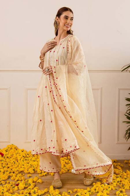 ASRUMO_Ivory Chanderi, Organza Embroidery, Zari Split V-neck And Anarkali Set _at_Aza_Fashions