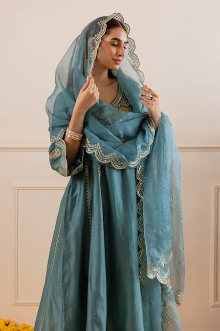 ASRUMO_Teal Chanderi, Organza Embroidery, Zari V-neck And Anarkali Set _Online_at_Aza_Fashions