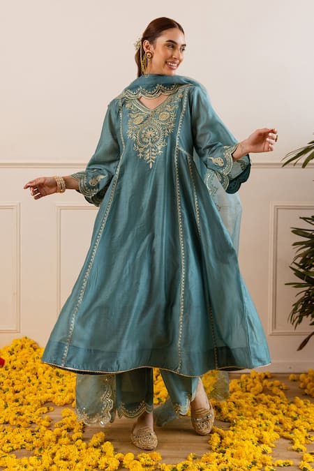 Shop_ASRUMO_Teal Chanderi, Organza Embroidery, Zari V-neck And Anarkali Set _Online_at_Aza_Fashions