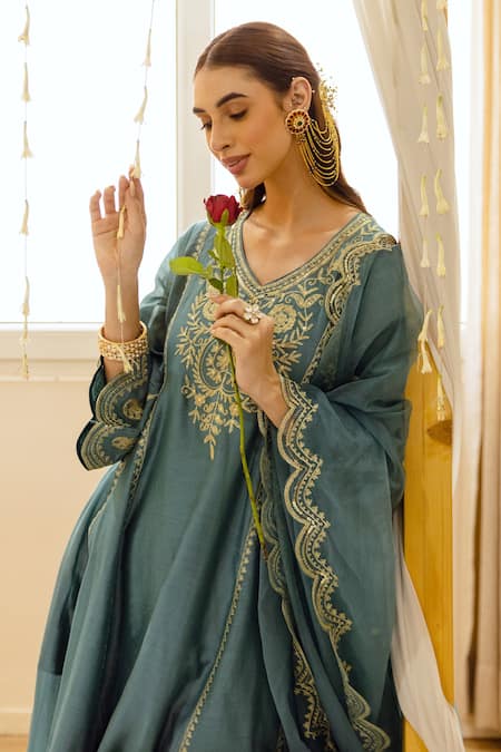 ASRUMO_Teal Chanderi, Organza Embroidery, Zari V-neck And Anarkali Set _at_Aza_Fashions