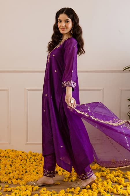 ASRUMO_Purple Chanderi, Organza Embroidery, Zari Round Neck Rani Kurta Set _Online_at_Aza_Fashions