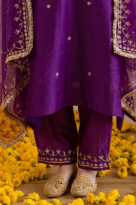 Buy_ASRUMO_Purple Chanderi, Organza Embroidery, Zari Round Neck Rani Kurta Set _Online_at_Aza_Fashions