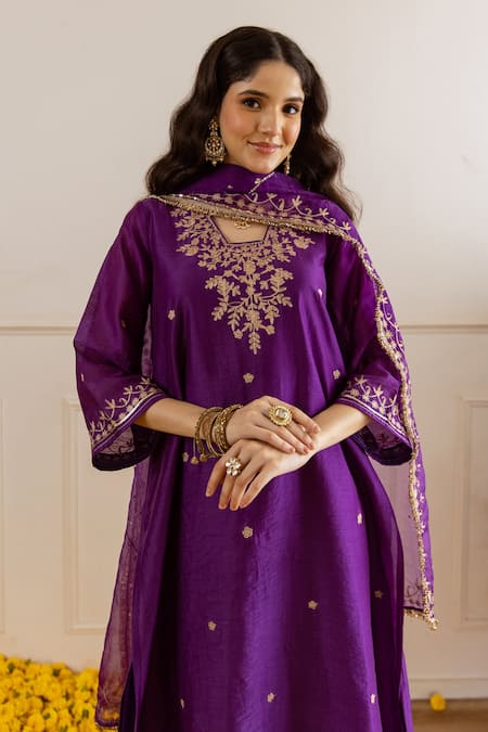 Shop_ASRUMO_Purple Chanderi, Organza Embroidery, Zari Round Neck Rani Kurta Set _Online_at_Aza_Fashions