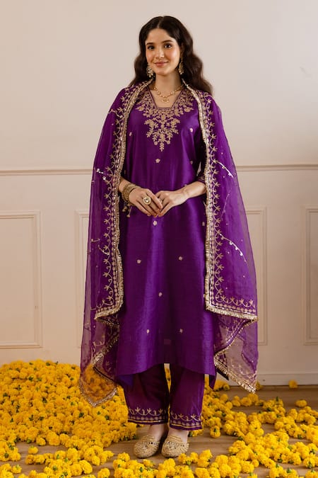 ASRUMO Rani Purple Chanderi Zari Embroidered Kurta Set 