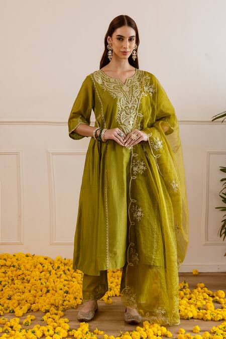 Shop_ASRUMO_Olive Green Chanderi, Organza Embroidery, Zari V-neck And Taari Kurta Set _Online_at_Aza_Fashions