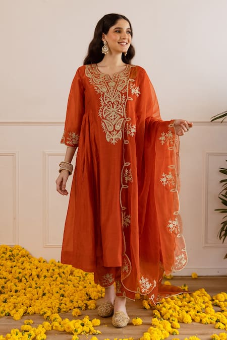 ASRUMO_Rust Chanderi, Organza Embroidery, Zari, Lace Split V-neck And Taari Kurta Set _Online_at_Aza_Fashions