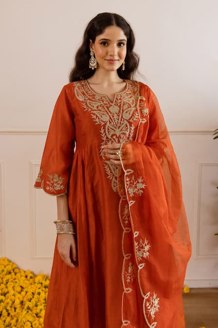 Shop_ASRUMO_Rust Chanderi, Organza Embroidery, Zari, Lace Split V-neck And Taari Kurta Set _Online_at_Aza_Fashions