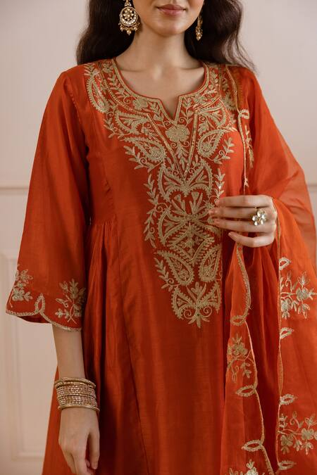 ASRUMO_Rust Chanderi, Organza Embroidery, Zari, Lace Split V-neck And Taari Kurta Set _at_Aza_Fashions