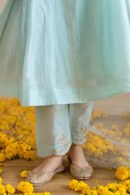 ASRUMO_Sky Blue Chanderi, Organza Embroidery, Zari, Lace Split And Taari Kurta Set _Online_at_Aza_Fashions