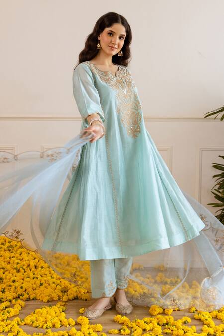 Shop_ASRUMO_Sky Blue Chanderi, Organza Embroidery, Zari, Lace Split And Taari Kurta Set _Online_at_Aza_Fashions