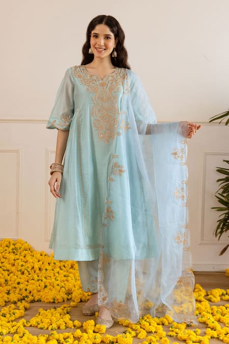 Buy_ASRUMO_Sky Blue Chanderi, Organza Embroidery, Zari, Lace Split And Taari Kurta Set 