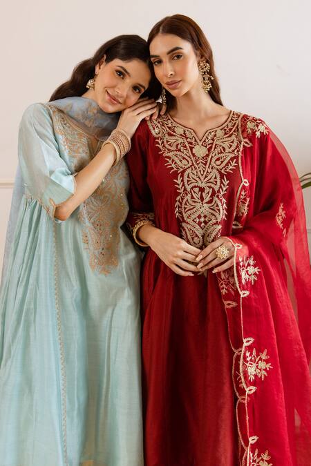 Shop_ASRUMO_Sky Blue Chanderi, Organza Embroidery, Zari, Lace Split And Taari Kurta Set 