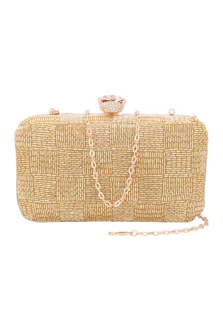 Buy_Nazaakat By Samara Singh_Gold Beads, Rhinestones Beaded Checkered Clutch 