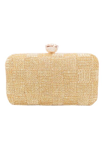 Shop Nazaakat By Samara Singh Gold Beads, Rhinestones Beaded Checkered Clutch Shop_Nazaakat By Samara Singh_Gold Beads, Rhinestones Beaded Checkered Clutch